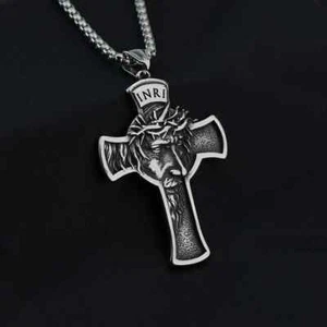 Collar colgante religioso cruz crucifijo cara Jesucristo de acero inoxidable para hombre - Imagen 1 de 6
