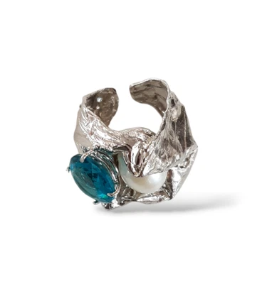 ANELLO DA DONNA CON PERLA NATURALE PIETRA DURA VERDE DI SINTESI IN ARGENTO 925 - Immagine 1 di 4