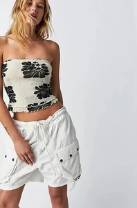 Free People Poppy Tube Top Size Large White Black Floral Tropical Hibiscus - Picture 1 of 3