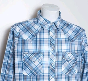 Wrangler Camicia Uomo Western Grande Alta Blu Check Perla Snap Cowboy USA - Foto 1 di 14