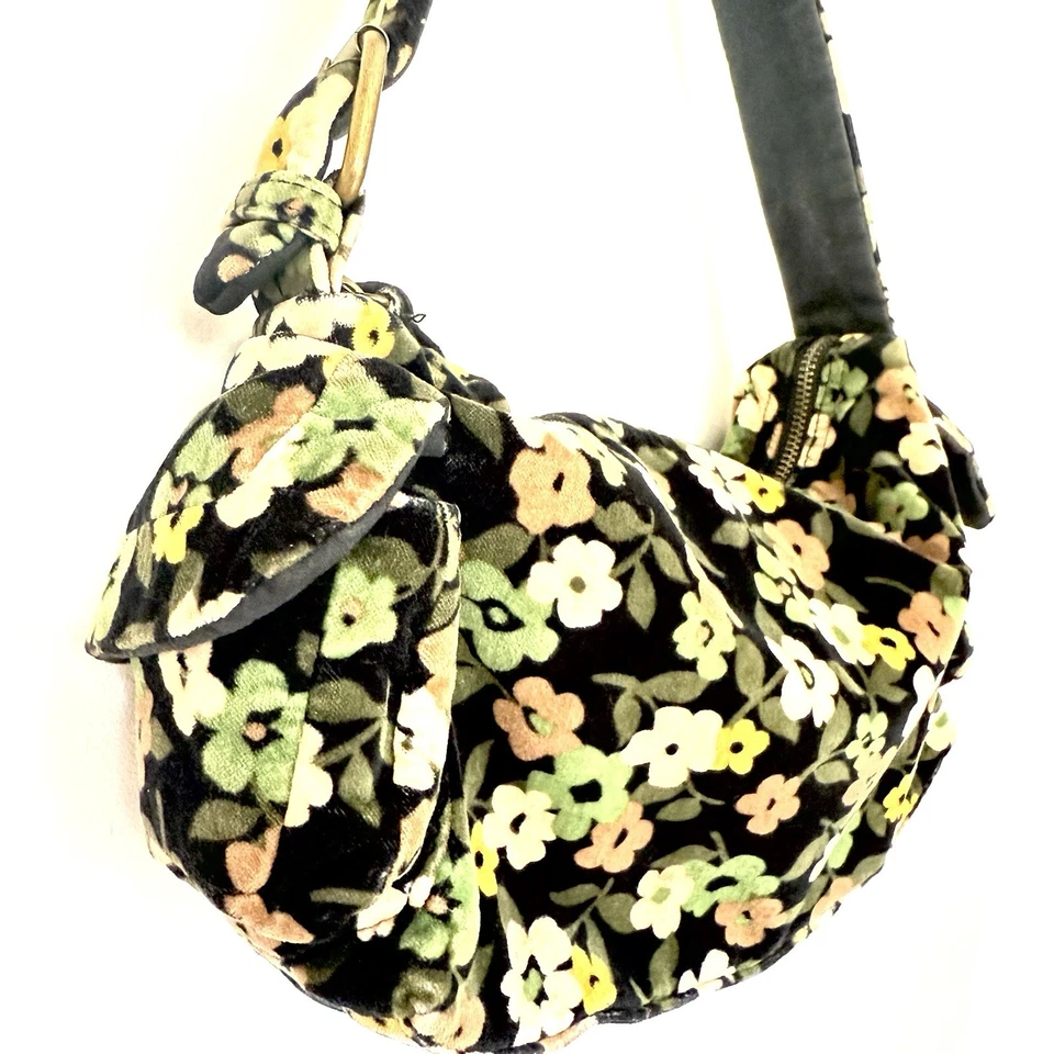Vintage GAP Hobo Purse Velvet Cargo Shoulder Small Bag Black Green Floral Y2K - Image 1 of 4