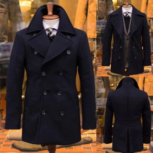 Navy Blue Men's Woolen Overcoat Thick Double-Breasted Long Jacket Coat Tailored - Picture 1 of 15