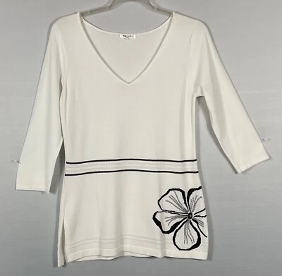 Suéter Vertigo Paris Mujer S Marfil Negro Seda Bordado Floral Mangas 3/4 Foto 1 de 4