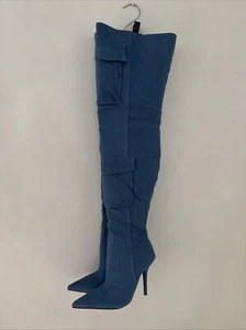 Thigh High Stiletto Boots Size 7.5 New Without Tags Sheln Brand Denim Pockets - Picture 1 of 12