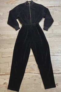 I. Magnin Vintage Black Ribbed Long-Sleeve Jumpsuit Zip Pockets Women M USA Made - Picture 1 of 14