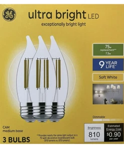 3 GE 75-Watt Clear Ultra Bright Flame Tip LED Bulbs w/Standard Medium Base - Picture 1 of 1