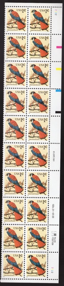 Scott #2477 American Kestrel Plate Block of 20 Stamps - MNH P#2222 Right - Image 1 of 1