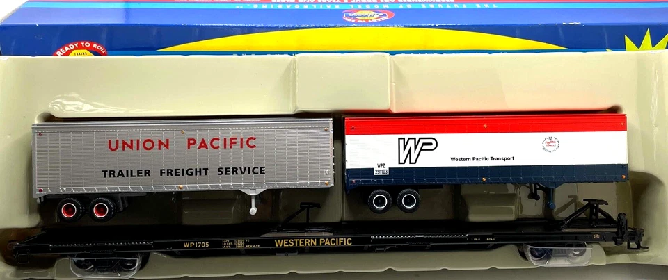 HO ATHEARN 93271 85' FLAT CAR WITH 2 40' TRAILERS WESTERN PACIFIC WP 170 - Image 1 of 1