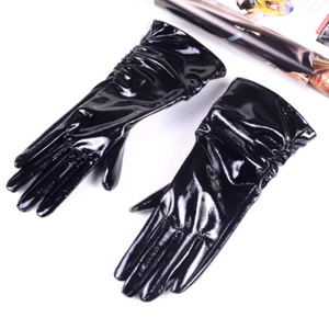 Women's Real Patent leather Shiny Black Mid-Long Pleated Evening Ruched Gloves - Picture 1 of 11