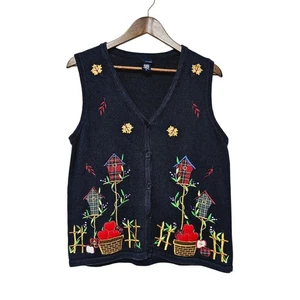 Basic Editions Sweater Vest Women's Size L Navy Fall Autumn Apple Birdhouses - Picture 1 of 7