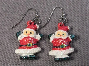 Christmas Dangle Earrings Santa Resin w/ Glitter 1.5" Pierced Hooks CLEAN - Picture 1 of 4