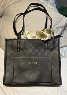 🖤Black Tote with Designer Vibes🖤 checkered texture + luxe gold satin bow - Image 1 of 3
