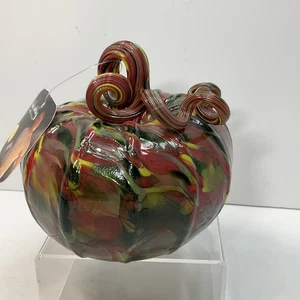 Luke Adams glass blown multicolored pumpkin red, yellow, green with tag 5 in. - Picture 1 of 9