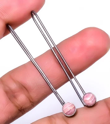 Rhodochrosite 925 Sterling Silver Black Rhodium Plated Dangling Earring 1.95" E4 - Image 1 of 4