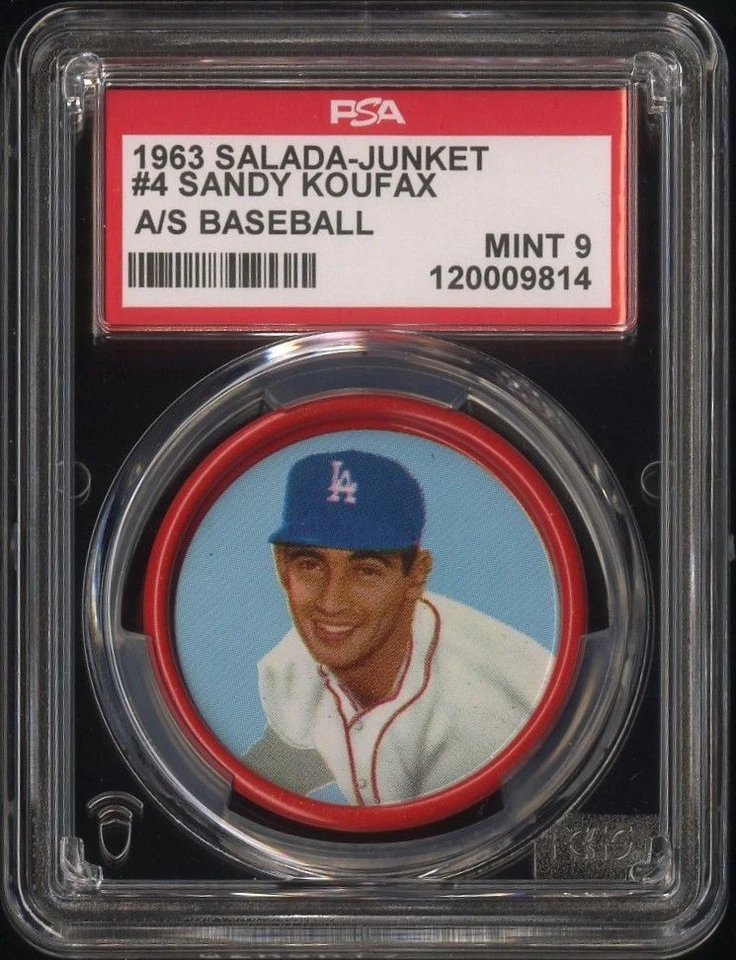 Prendedor de moneda de béisbol Salada 1963 4 Sandy Koufax Los Angeles Dodgers PSA 9 como nuevo Foto 1 de 2