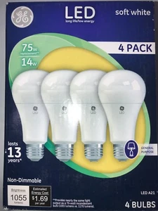 4- GE LED 75 watt Soft White General Purpose Bulbs A21 PC 92979 - Picture 1 of 2