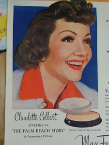 Max Factor Magazine Ad Print 1942 Claudette Colbert Pan Cake Make Up 14"x10.5" - Picture 1 of 4