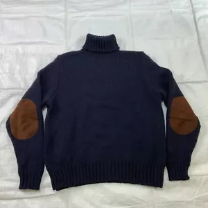 VTG POLO by RALPH LAUREN Mens Sweater Blue Elbow Patches Heavy Knit Turtleneck L - Picture 1 of 8