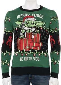 Star Wars Mandalorian Yoda Christmas Sweater Merry Force Be You Mens Size L - Picture 1 of 3