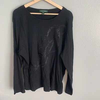 Camisa LRL Ralph Lauren Mujer 2X Ecuestre Negra Cuentas Bordada LS Caballo Foto 1 de 4