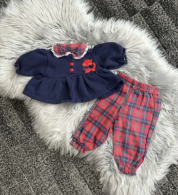 Roupa xadrez vintage anos 90 Honors Baby 2 peças gatinho 6/9 meses - Imagem 1 de 3