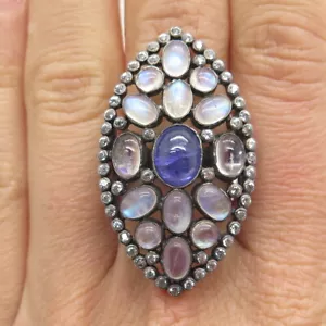 Anillo DSMK de plata esterlina negro rodio real tanzanita piedra lunar topacio talla 6,75 - Imagen 1 de 8