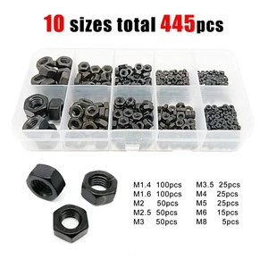 445pcs/box Mix M1.4-M8 Small Micro Hex Hexagon Nut Assortment Kit Black Steel - Picture 1 of 7