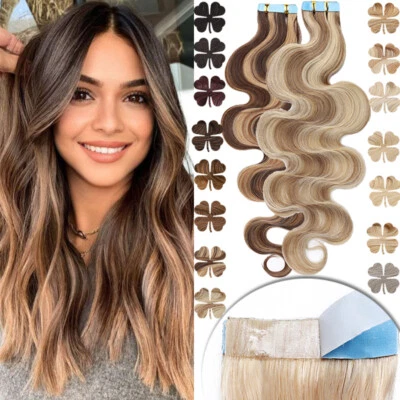 Tape In Extensions Skin Weft 100% Remy Real Human Hair Full Head Body Wave 60PCS - Image 1 of 4