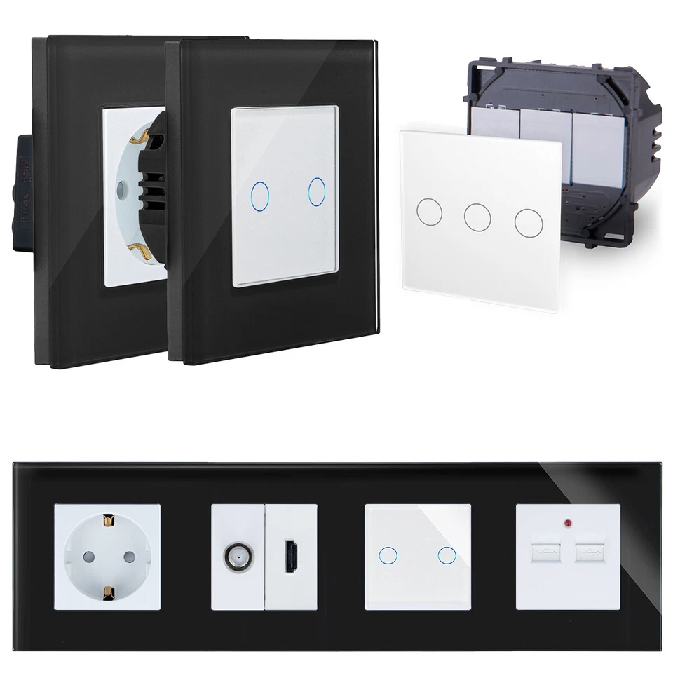 Touch Lichtschalter Steckdose Wechselschalter WiFi Glas Schwarz Weiß Luxus-Time - Bild 1 von 4