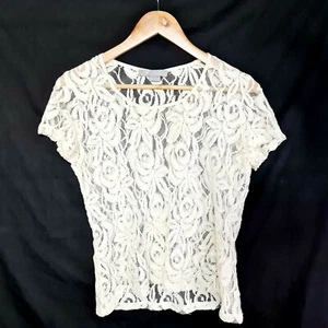 Liz Jordan Size S Cream Short Sleeve Sheer Floral Lace T-Shirt - Picture 1 of 7