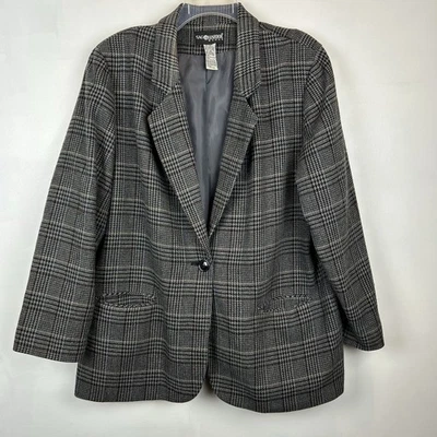 Blazer Vintage a Cuadros Mujer 18 Lana Tweed Gris 1 Botón Bolsillos Tartán Dinero Antiguo Foto 1 de 4