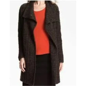 Eileen Fisher schokobraun Wolle/Alpaka Druckknopf Strickjacke hoher Kragen M - Bild 1 von 9