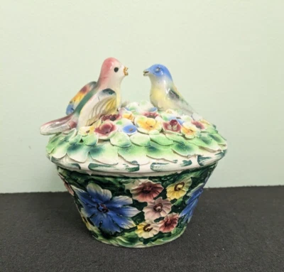 РЕДКАЯ ВИНТАЖНАЯ 1950-х PAUL HANSON птица голуби и цветы керамическая коробка для безделушек с крышкой: Ø6» - Изображение 1 из 4