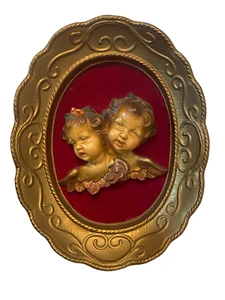 Vtg Chalkware Cherub Girl Angel Faces Sculpture Red Velvet in Oval Gold frame - Picture 1 of 4