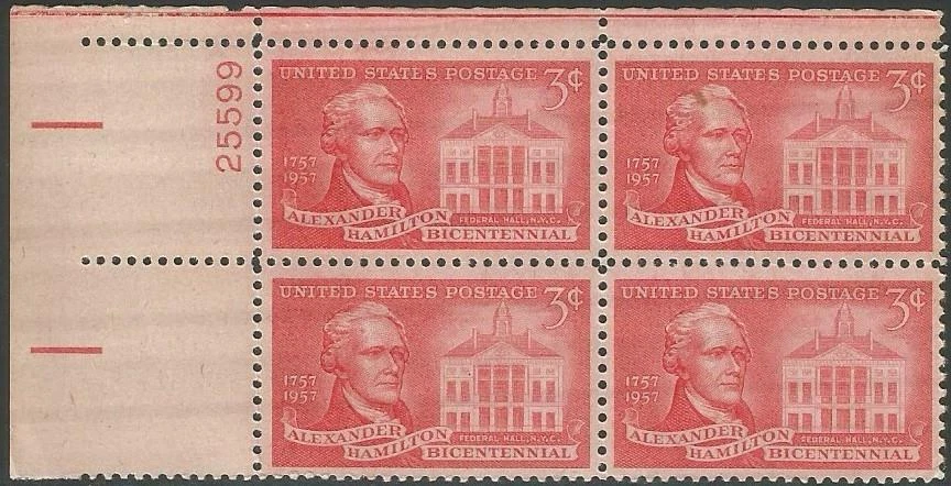 Plate Block of 4 stamps - Scott 1086 - 3 cent - Alexander Hamilton - 1957 - MNH - Image 1 of 1
