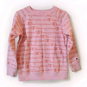 Champion Girls Spellout Crew Neck Sweatshirt Size L Pink Long Raglan Sleeves - Picture 1 of 10