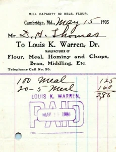Cambridge Maryland Vtg Billhead Letterhead LOUIS K. WARREN Miller 1905 - Picture 1 of 3