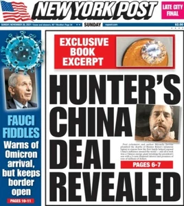 NEW YORK POST PERIÓDICO HUNTER'S CHINA ACUERDO REVELADO LOS VENGADORES 28/11/21 - Imagen 1 de 2