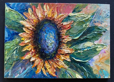 Pintura al óleo original "GIRASOL" impasto pesado 7"x5" de Olga Diduh. Foto 1 de 4
