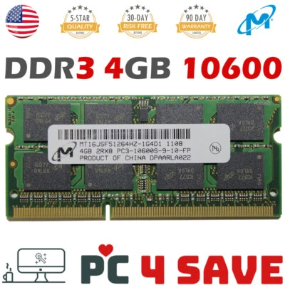 4GB DDR3 1333 MHz 2Rx8 PC3-10600S SODIMM 1.5V 204 Pin Laptop AIO Memory MICRON - Image 1 of 2