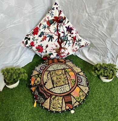 Indien Black Round Pillow Cushion Cover Floor Patchwork Throw Boho Décor Cover - Image 1 of 4