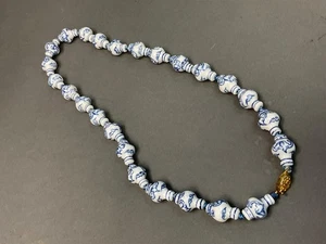 Vintage Asian Blue & White Hand Painted Porcelain Necklace, Filigree Clasp, RARE - Picture 1 of 11