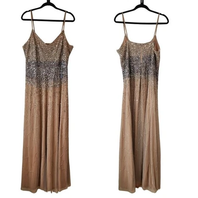 Maxi Vestido Adrianna Papell Largo Cuentas Beige Plateado Vestido Formal Talla 16 Foto 1 de 4