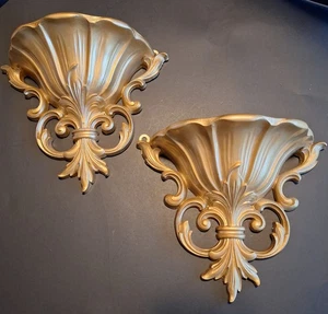 Vintage HOMCO Gold Wall Pocket Planters 1962 USA MCM Hollywood Regency Decor 2X - Picture 1 of 13