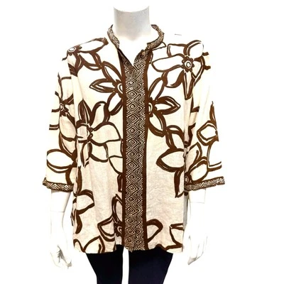 Blusa túnica LAURA ASHLEY mujer talla 2X 100 % lino estampado floral botones concha Foto 1 de 4