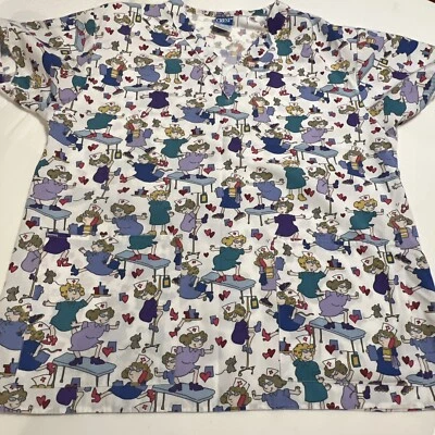 Crest RN Scrub Top M Nurse Print RN Short Sleeve Pullover Pole Table Dance Work - Image 1 of 4