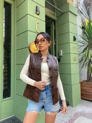 Brown Women Stylish Western Button Waist Coat Leather Lambskin Biker Vest Coat - Image 1 of 4