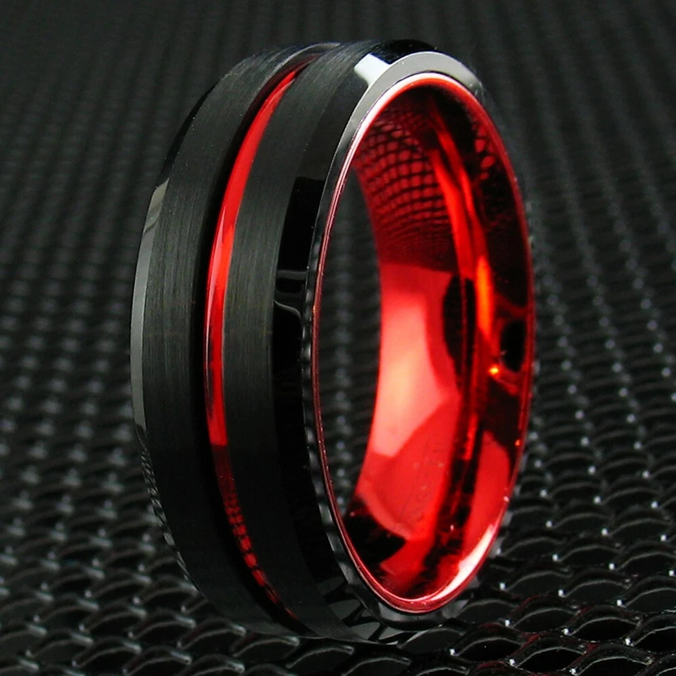 Alianza de boda grabada de 8 mm de tungsteno para hombre delgada línea roja cepillada azul plata negra Foto 1 de 3