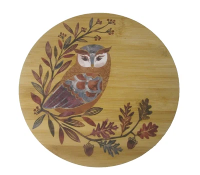 Wood Lazy Susan Turntable 12" Diameter Round Bamboo Owl Spin Brown Blue - Image 1 of 4