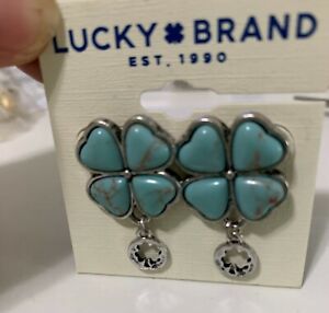 New on Card Lucky Brand Turquoise & Silver Clover Drop Earrings